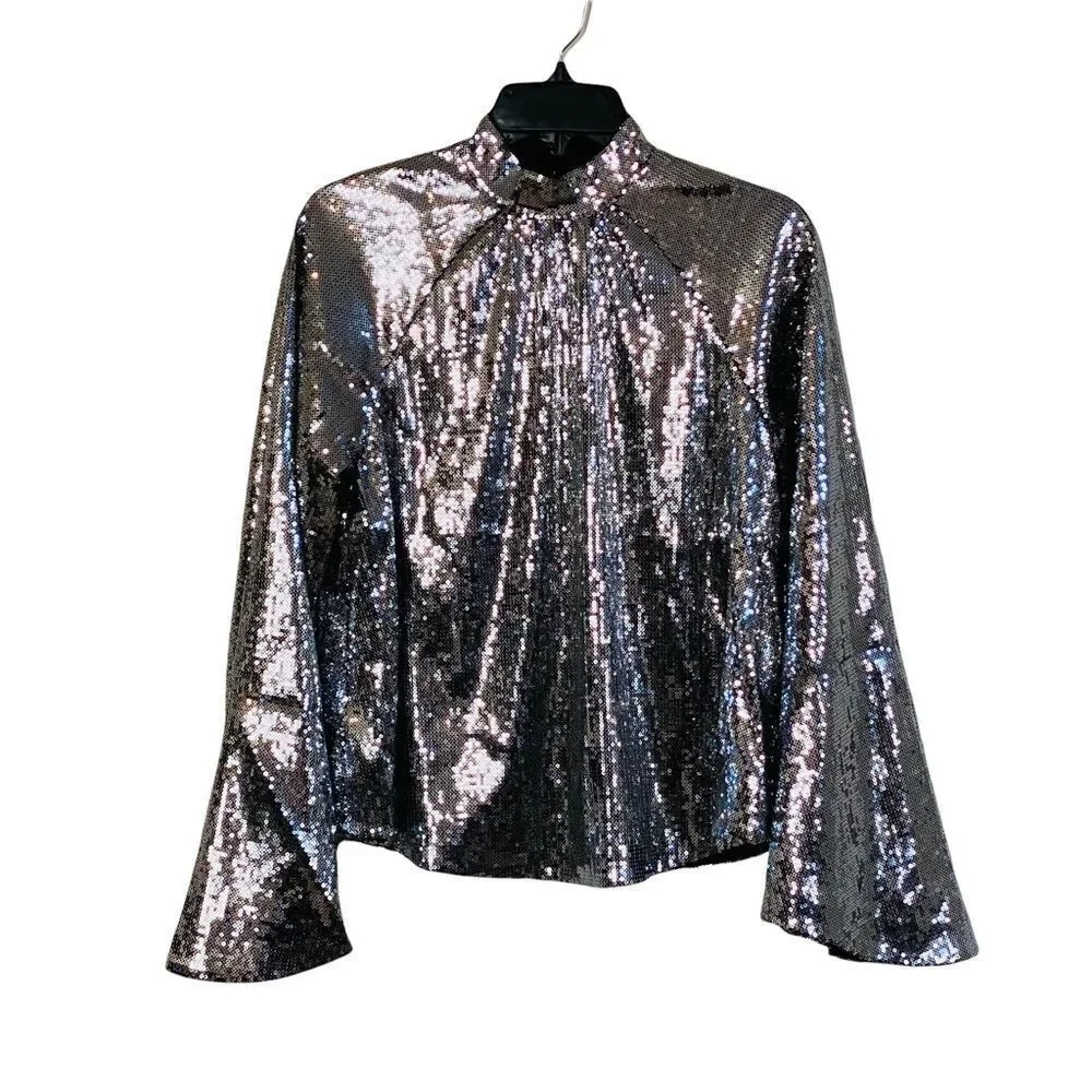 RtA Tennessee Peasant Silver Sequin Bell Sleeve Top Sz XS NWT - Picture 13 of 16